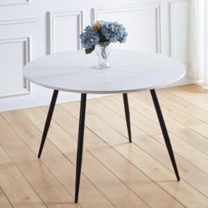 Hallowood Furniture Cullompton Large Marble Effect Top White Dining Table with Black Metal Legs, 4-6 Seater Round Table for Dining Rooms, Kitchens, or Cafés