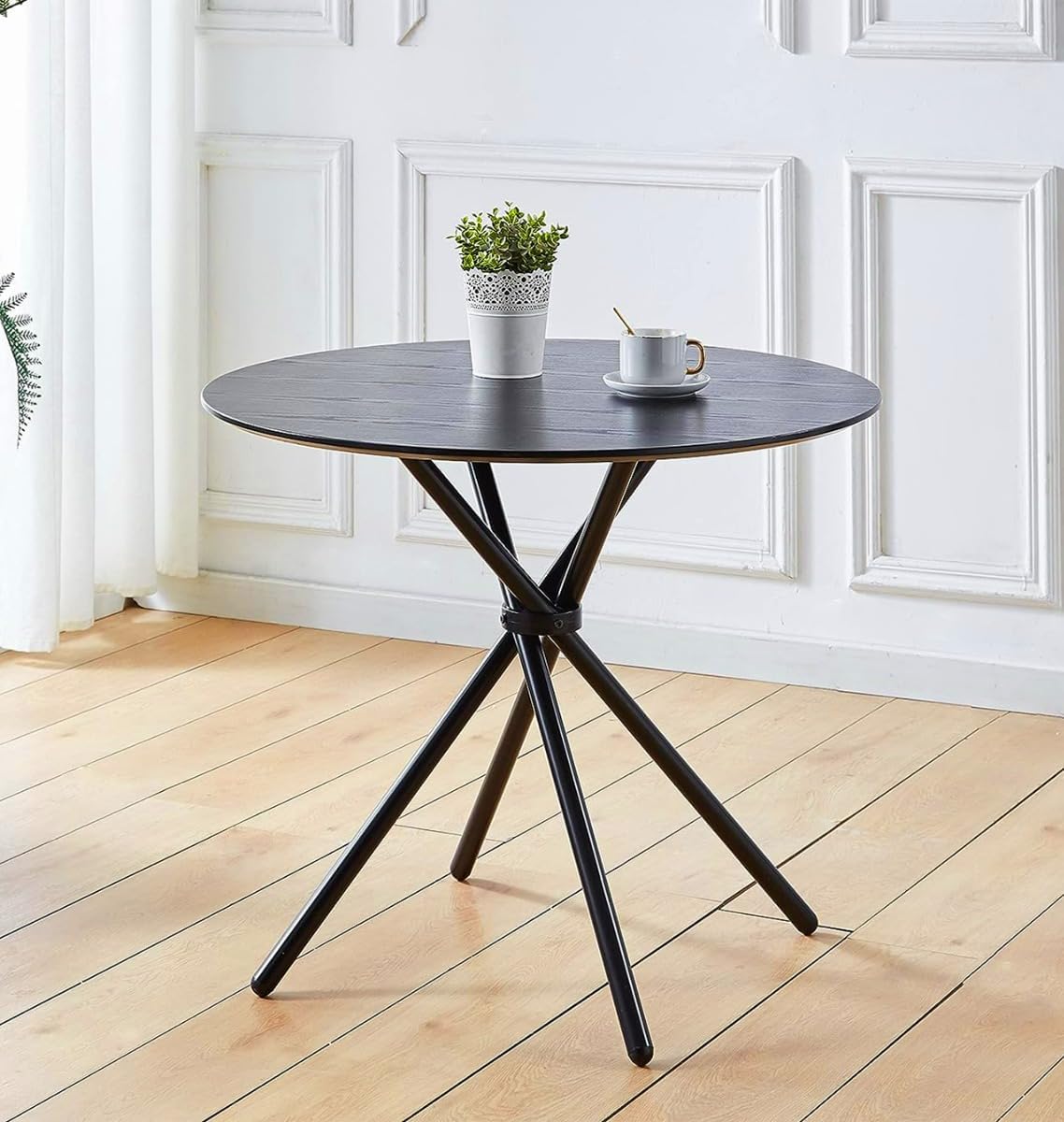 Hallowood Furniture Cullompton Small Wooden Effect Top Black Dining Table with Black Cross Metal Legs, Modern Round Table for Dining Rooms, Kitchens, or Cafés (90cm)