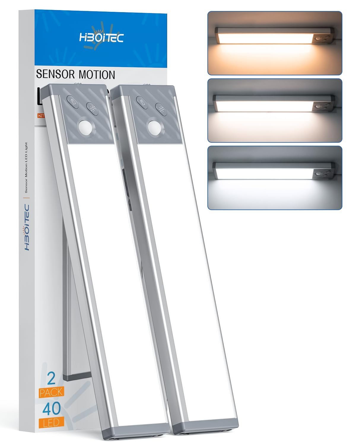 HIBOITEC Under Cabinet Lights 40 LED, 3 Color Temperatures Dimmable Motion Sensor Cupboard Lights, Wireless Magnetic Rechargeable Wardrobe Lamp for Kitchen, Wardrobe, Drawer,...