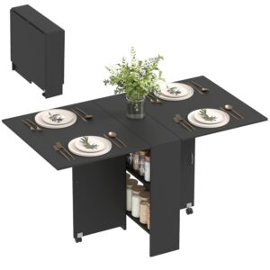 HOMCOM Folding Dining Table, Drop Leaf Table with 2-Tier Shelves, Rolling Casters, for Small Spaces, Kitchen, Black
