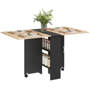 HOMCOM Folding Dining Table, Drop Leaf Table with 2-Tier Shelves, Rolling Casters, for Small Spaces, Kitchen, Oak and Black