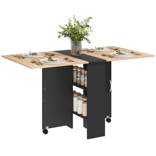 HOMCOM Folding Dining Table, Drop Leaf Table with 2-Tier Shelves, Rolling Casters, for Small Spaces, Kitchen, Oak and Black