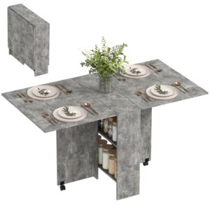 HOMCOM Folding Dining Table, Drop Leaf Table with 2-Tier Shelves, Rolling Casters, for Small Spaces, Kitchen, Cement Grey