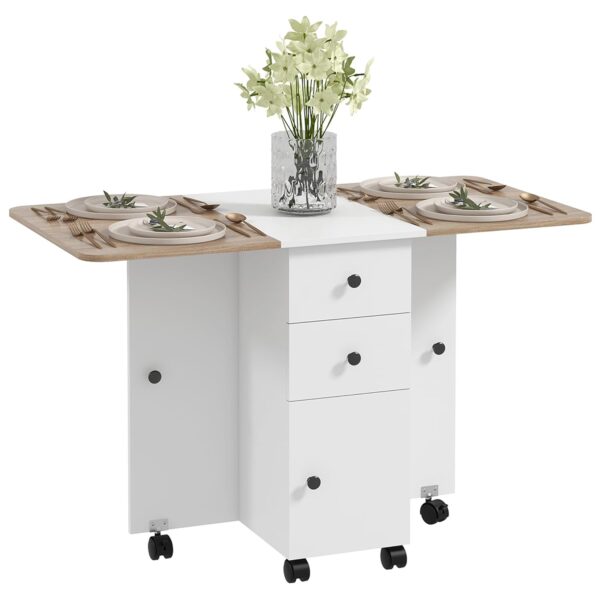 HOMCOM Folding Dining Table for 4-6, Rolling Drop Leaf Table on Wheels with Storage Drawers, Cabinet and Open Shelf for Kitchen, Dining Room, Oak and White