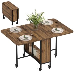 HOMCOM Mobile Drop Leaf Table, Folding Dining Table with 6 Wheels & Storage Shelf for Small Spaces, Kitchen, Dining Room, Light Brown