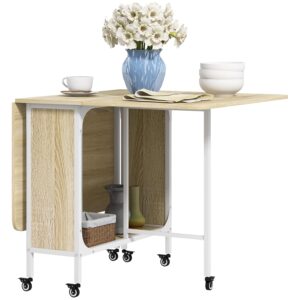 HOMCOM Mobile Drop Leaf Table, Folding Dining Table with 6 Wheels & Storage Shelf for Small Spaces, Kitchen, Dining Room, Natural Wood Finish