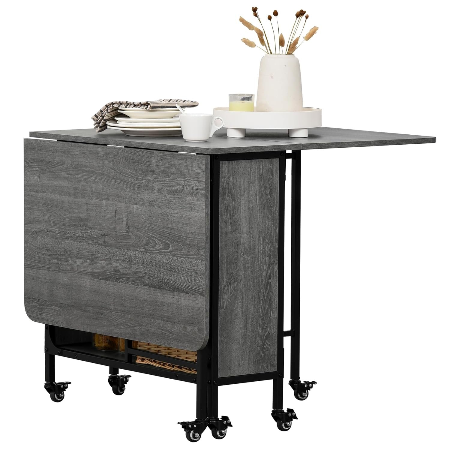 HOMCOM Mobile Drop Leaf Table, Folding Dining Table with 6 Wheels & Storage Shelf for Small Spaces, Kitchen, Dining Room, Grey