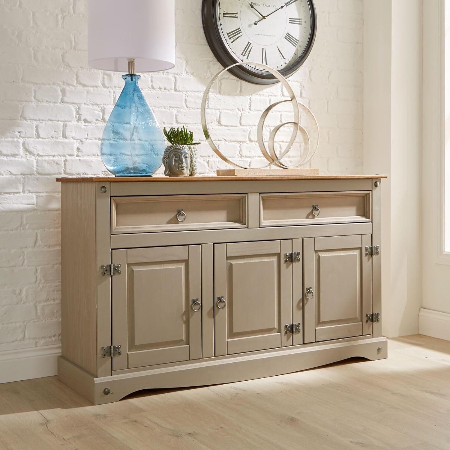 Home Source Large Sideboard Cabinet, 3 Door 2 Drawer Solid Pine Two Tone Storage Cupboard, Industrial Style, Grey