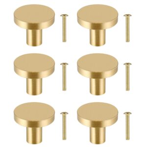 JIZZU 6 Pcs Solid Brass Gold Drawer Knobs [20 * 25mm], Durable Cabinet Knobs, Single Hole Door Handles for Cupboard, Wardrobe, Dresser Drawer, Furniture Decoration with Screws