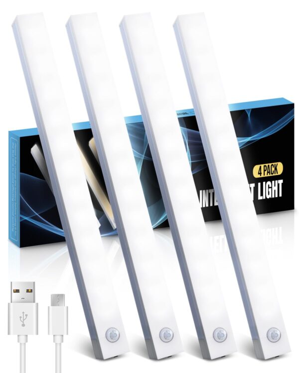 KALAHOL Under Cabinet Kitchen Lights 4 Pack, USB Motion Sensor Lights Indoor, Cupboard Light, 4 Modes, USB Type-C, Stepless Dimming, for Kitchen Wardrobe Bedroom Stairs (Cold...