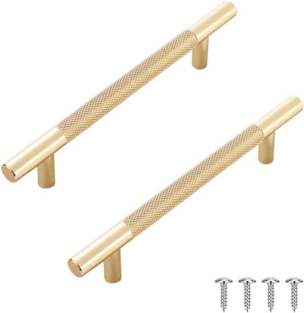 lixulluo 2 PCS Gold Cupboard Handles 128mm Wardrobe Handle Knurled Kitchen Handles Golden Drawer Handle with Screws for Cabinet Drawer Dresser Door Home Bathroom Pulls (Hole...