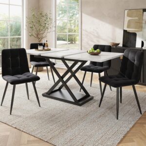 Merax Extendable Dining Table Set for 4, 5-Piece White Marble Dining Table with 4 Black Velvet Dining Chairs, Modern Dining Set, Adjustable 120-160cm,for Kitchen and Dining Room