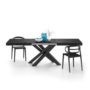 Mobili Fiver, Emma 160(240) x90 cm Extendable Dining Table, Concrete Effect, Black with Black Crossed Legs, Made In Italy
