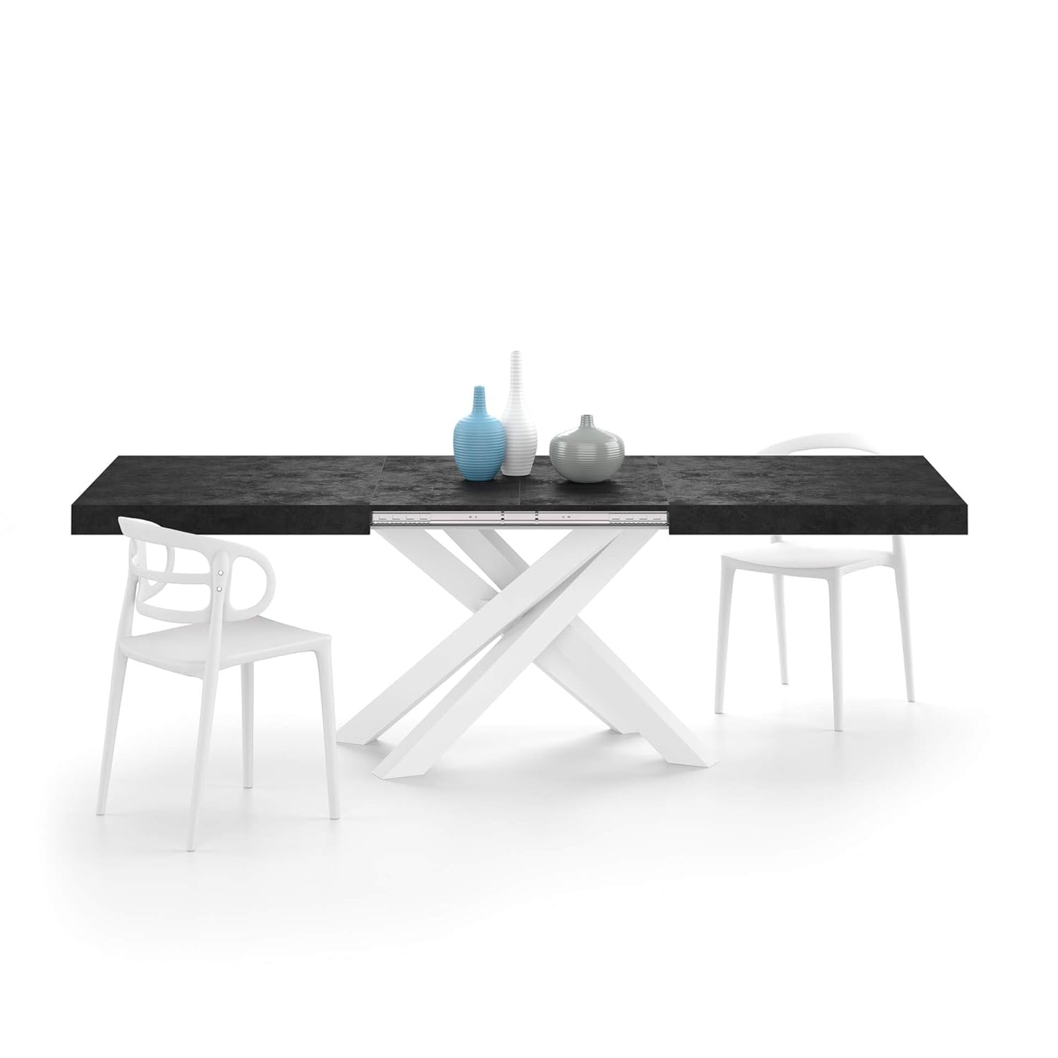 Mobili Fiver, Emma 160(240) x90 cm Extendable Dining Table, Concrete Effect, Black with White Crossed Legs, Made In Italy