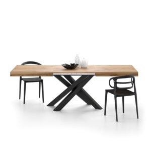 Mobili Fiver, Emma 160(240) x90 cm Extendable Table, Rustic Oak with Black Crossed Legs, Made In Italy