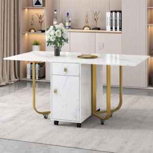 ModernLuxe Folding Dining Table with Cupboard and 2 Drawers, Space-saving Drop Leaf Table with 4 Supporting Legs on Gliders for Kitchen, Rectangular, 150x80x76cm, White Desktop...