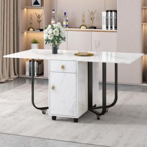 ModernLuxe Folding Dining Table with Cupboard and 2 Drawers, Space-saving Drop Leaf Table with 4 Supporting Legs on Gliders for Kitchen, Rectangular, 150x80x76cm, White Desktop...
