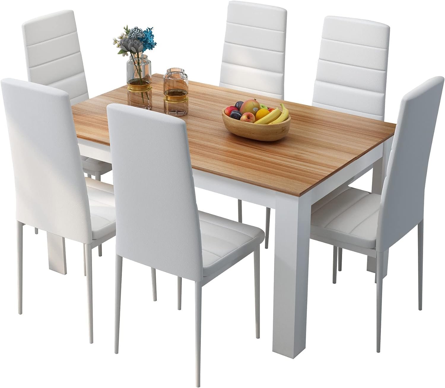 Mondeer Dining Table and Chairs Set 6, Dining Room Sets High Back Faux Leather Chair, for Kitchen Home Office, 138 x 90 x 75 cm, Oak Table White Chairs