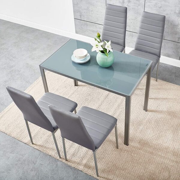 Panana Dining Table and Chairs, Set of 4. Tempered Glass Dining Table with 4 PU Leather Dining Chairs. Dining Room Table Sets for Home and Kitchen Furniture (Grey, 105x60x75cm)