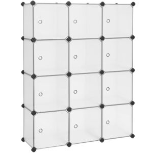 SONGMICS 12-Cube Storage Unit, Shoe Rack, Stackable Cubes, Plastic Closet Cabinet, Wardrobe, with Doors, for Bedroom, Office, Easy to Assemble, White LPC342W01