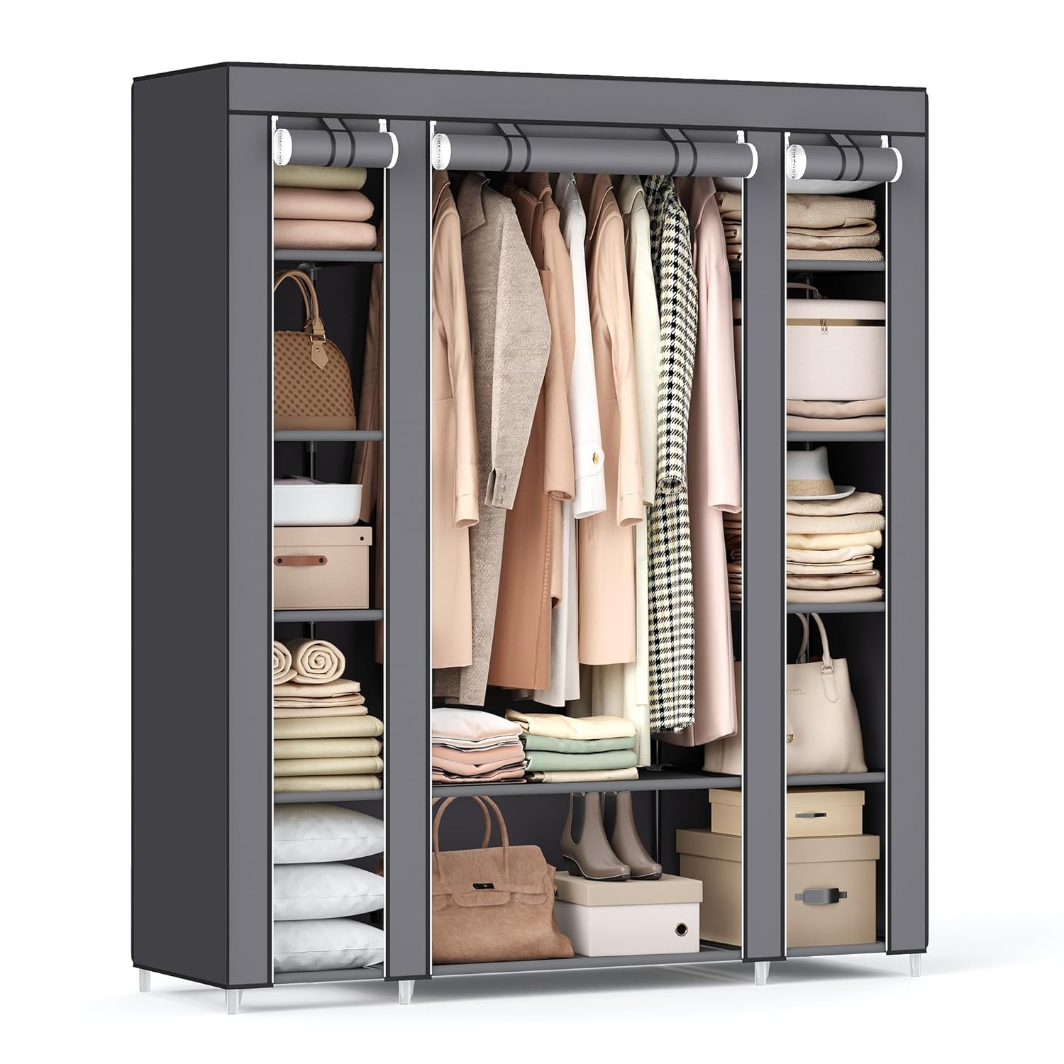 SONGMICS Fabric Wardrobe, Portable Wardrobe for Bedroom, Clothes Rail with Non-Woven Fabric Cover, Clothes Storage Organiser, 45 x 150 x 175 cm, 12 Compartments, Metal Frame,...