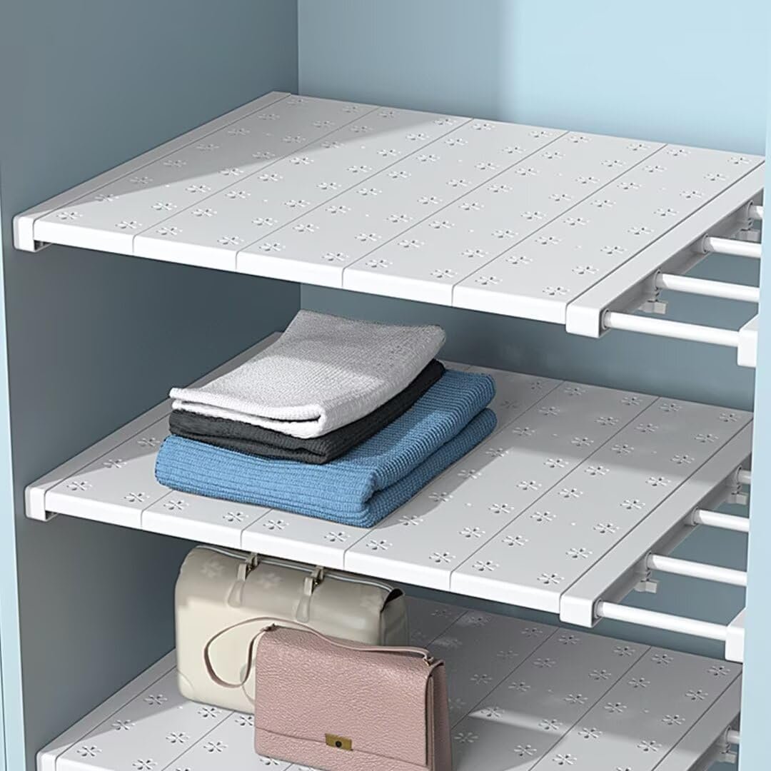 Tielag Extendable Closet Shelf, Expandable Shelves Wardrobe Storage Organiser, Adjustable Wardrobe Cupboard Divider, Tension Shelf Separator, W24cm, L38-60cm