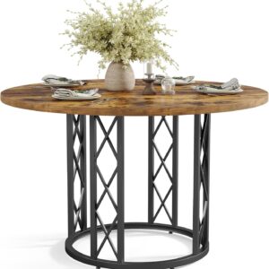 Triebsigns 120CM Rustic Round Dining Table, Farmhouse Kitchen Table Dinner Table with Metal Base for Dining Room, Kitchen, Living Room (Rustic Brown)