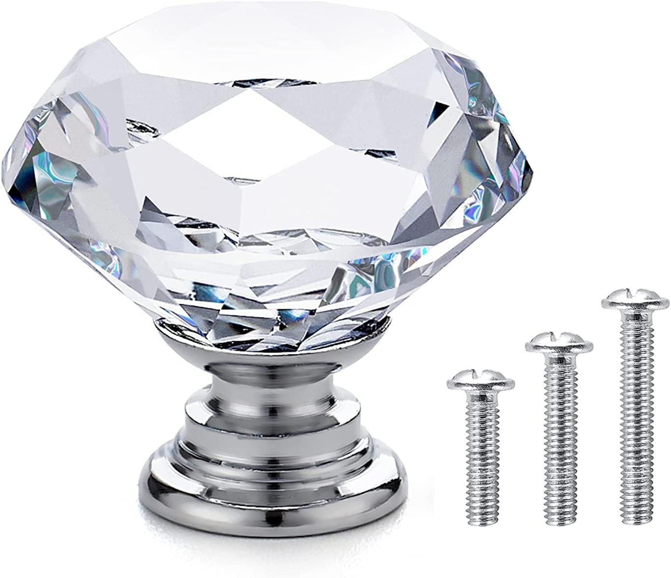 Vandicka 20 Pack 30mm Crystal Glass Cabinet Door Knobs Cupboard Wardrobe Dresser Drawer Pull Handles (Clear Diamond + Chrome Base) with Screws in 3 Sizes