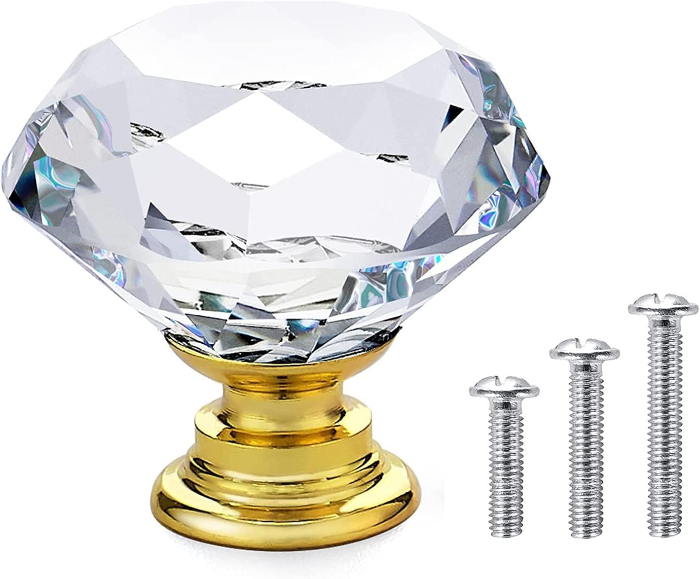 Vandicka 20 Pack 30mm Crystal Glass Cabinet Door Knobs Cupboard Wardrobe Dresser Drawer Pull Handle (Clear Diamond + Gold Base) with Stainless Steel Screws in 3 Sizes