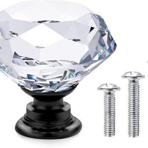 Vandicka 20 Pack 30mm Crystal Glass Cabinet Door Knobs Cupboard Wardrobe Dresser Drawer Pull Handles (Clear Diamond + Black Base) with Mounting Screws in 3 Sizes