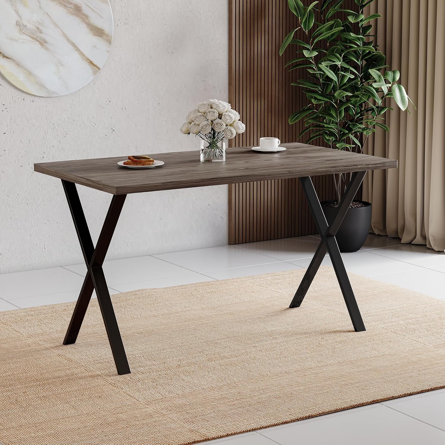 Vida Designs 4 Seater Dining Table With X Shaped Black Metal Legs, Industrial Style Rectangle Kitchen/Dining Room Furniture (Walnut)