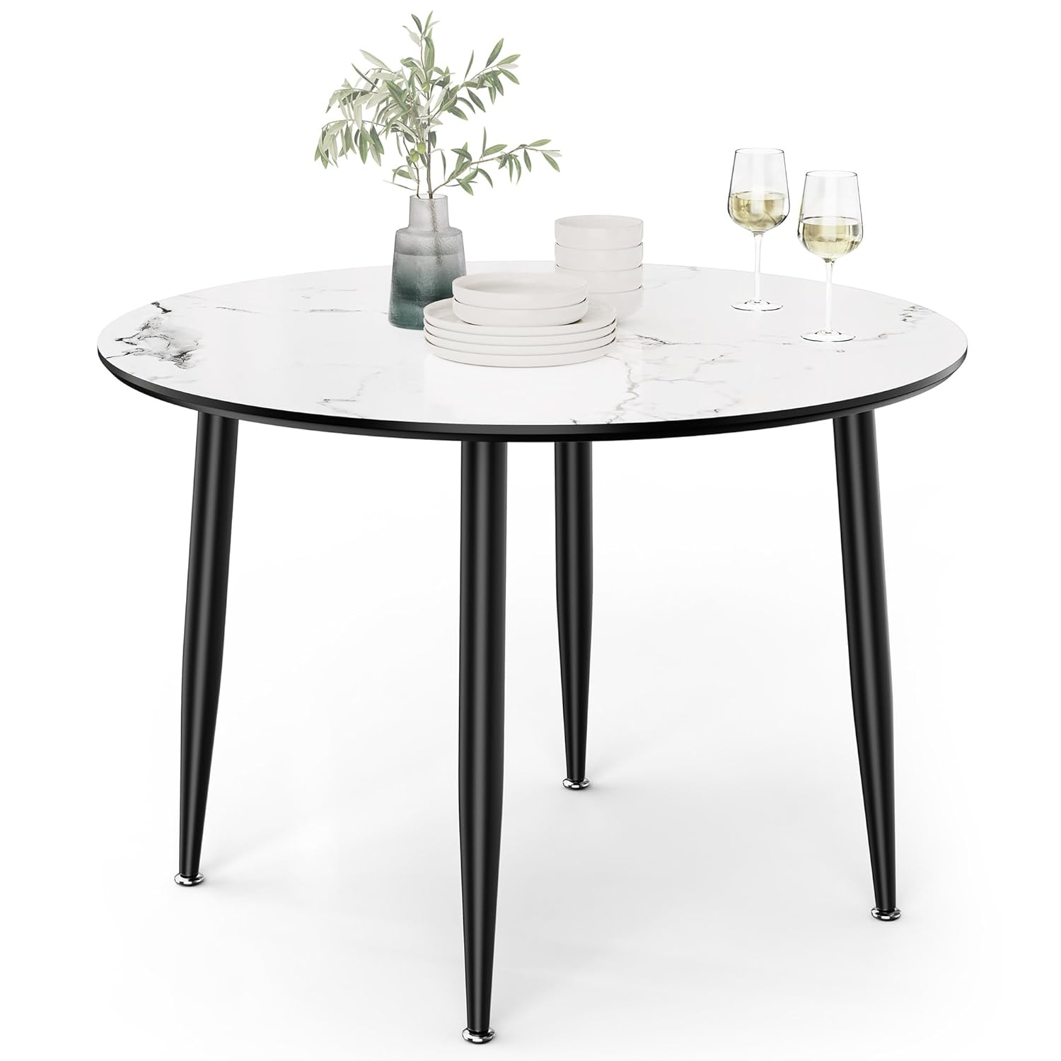 VonHaus Dining Table - 4 Seater Kitchen Table for Dining Room - Round Marble Effect Dinner Tabletop for 4 People - Circular Modern Top with Black Tapered Legs - D110cm x H75cm -...