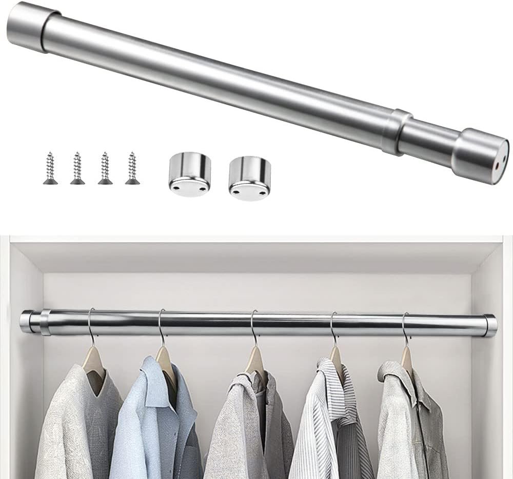 XAVSWRDE 25mm Extendable Wardrobe Rod Stainless Steel Wardrobe Rail Tube Clothes Hanging Pole Heavy Duty Round Extensible Closet Bar with End Sockets for Wardrobe...