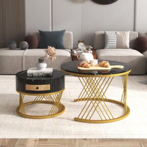 BTM 2-in-1 round coffee table made of MDF with marble grain veneer top, rattan drawers and solid wood handles. Gold coloured iron legs. 70 * 70 * 45.5+50 * 50 * 38.5cm