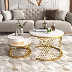 BTM 2-in-1 round coffee table made of MDF with marble grain veneer top, rattan drawers and solid wood handles. Gold coloured iron legs. 70 * 70 * 45.5+50 * 50 * 38.5cm