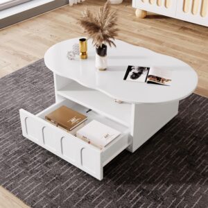BTM Cloud-Shaped Coffee Table with Drawer and Storage Compartments, White Coffee Table, 60x100x41.5cm