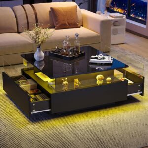 BTM Coffee Table with Storage, Square Coffee Table with 2 Drawers and LED Light for Living Room, Modern LED Wood Center Table, Acrylic Glass, Black