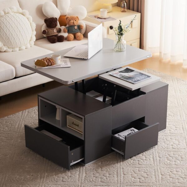 BTM Lift Top Coffee Table - Grey, 100x51x47cm, With 3 Drawers & Lift Up Top