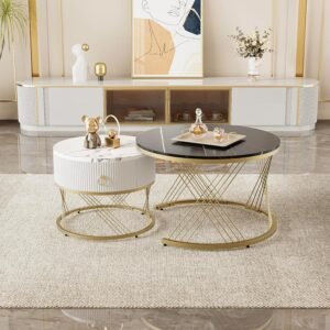 BTM Round Coffee Tables Set of 2, Nesting Coffee Tables with Storage, Nest of Tables with Drawer