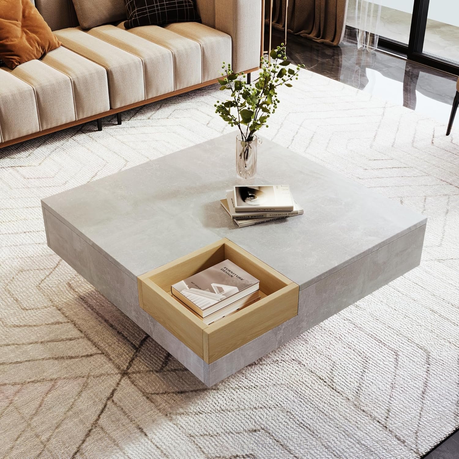 BTM Square Coffee Table with Removable Storage Box and LED Light, High-gloss White and Black Coffee Table, 72 * 72 * 30 cm
