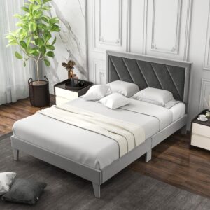 COSTWAY 3FT/4FT6 Bed Frame, Single/Double Velvet Upholstered Platform Bed Frame with High Headboard, Wooden Slat Support Bedstead Base Mattress Foundation, No Box Spring Needed...