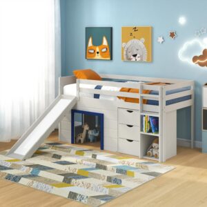 COSTWAY 3FT Bunk Bed for Kids, Solid Pine Wood Loft Bed Frame with Slide, Ladder, Safety Guardrails, 3 Drawers & Open Compartments, Children's Single Bed Frame for Boys Girls...