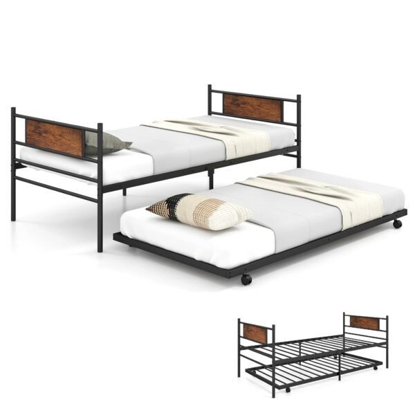 COSTWAY 3FT Metal Day Bed with Trundle, Industrial Single Bed Frame with Headboard, Steel Slat Support Space-Saving Guest Sofa Beds Base Platform Mattress Foundation