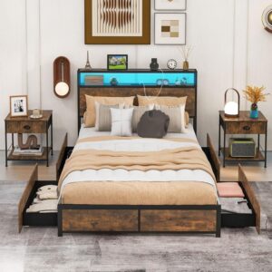 COSTWAY 4FT6 Double/5FT King Metal Bed Frame with RGB LED Lights, Charging Station, Storage Headboard and 4 Underbed Drawers, Industrial Steel Slat Support Platform Bed Frame...