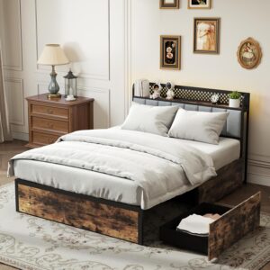 COSTWAY 4FT6 Double/5FT King Size Bed Frame with RGB LED Lights, Charging Station, Storage Headboard & 4 Underbed Drawers, Industrial Metal Platform Bed Frame Slat Support...