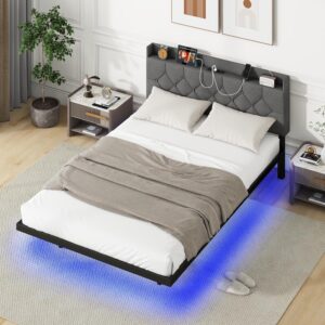 COSTWAY Double/King Size Floating Metal Bed Frame with LED Lights, Charging Station & 3-Level Adjustable Headboard, 4FT6/5FT Slat Support Platform Mattress Base...