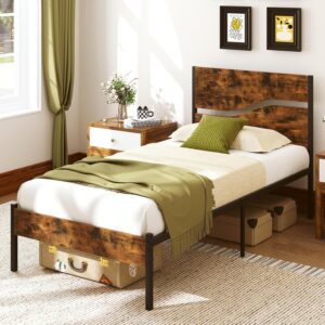 COSTWAY Single/Double/King Size Bed Frame, Industrial Metal Platform Bed Frame with Wood Headboard, Footboard and Underbed Storage, Metal Slats Support Mattress Foundation,...