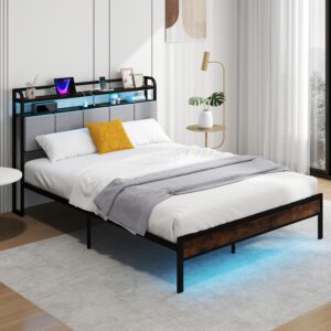 COSTWAY Single/Double/King Size Bed Frame with RGB LED Lights, Charging Station and Upholstered Storage Headboard, Industrial Metal Slats Support Platform Bed Base Mattress...