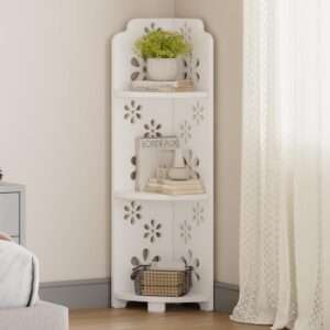 Dripex White Corner Shelf, Free Standing Shelf, Floor Storage Unit for Bathroom, Living Room or Bedroom(3 Tier Flower Style)