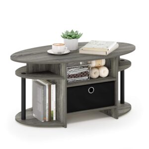 Furinno JAYA Simple Design Oval Coffee Table with Bin, French Oak/Black/Black